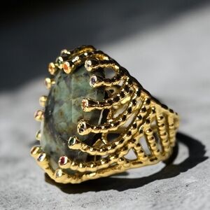 18k Gold Plated Chunky Ruby Zoisite Crystal Caged Branched Ring